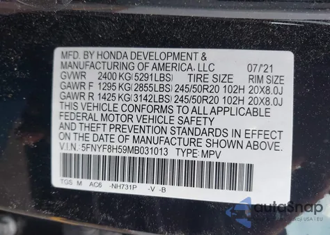 2021 Honda Passport Awd Ex-L из США, поврежденный, VIN 5FNYF8H59MB031013